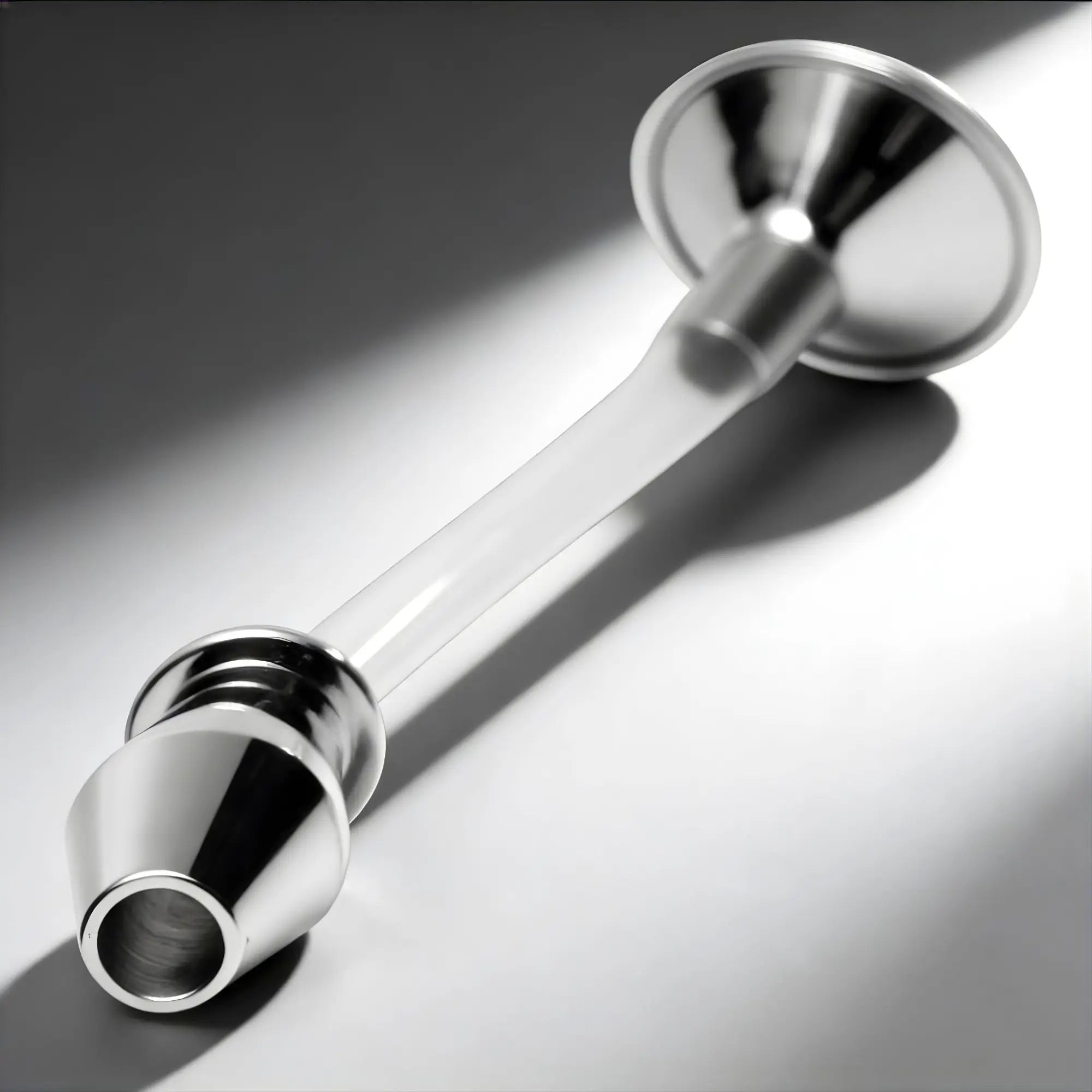 Master Series stainless steel anal funnel with a clear, hollow tube and a polished metal plug end.