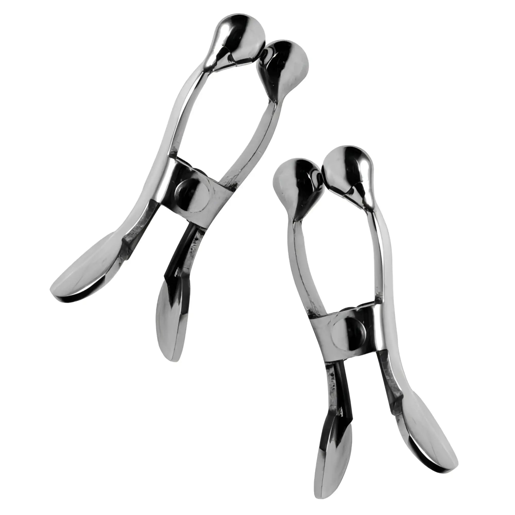 Two Master Series silver stainless steel nipple clamps with ball tips and flat pressure handles on a white background.