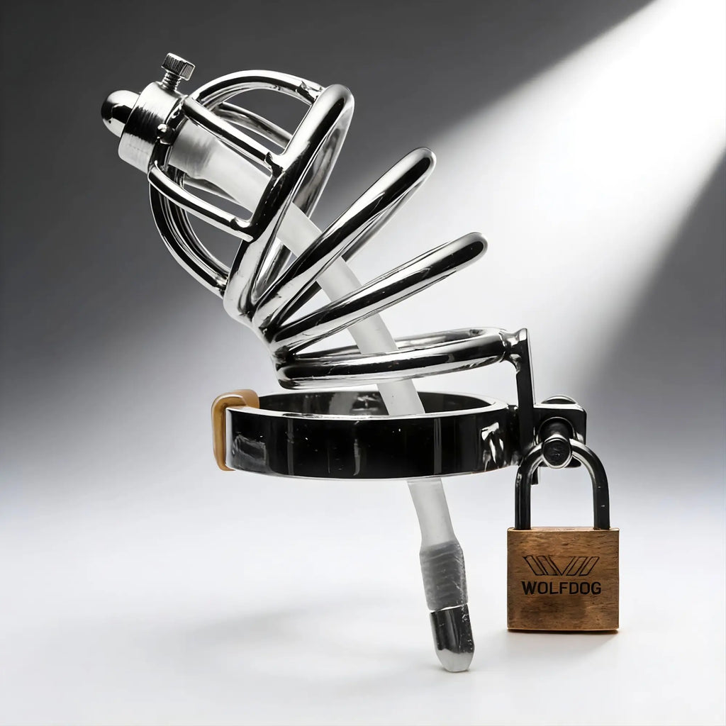 Master Series stainless steel chastity cage with a clear urethral insert, base ring, and brass Wolfdog padlock.