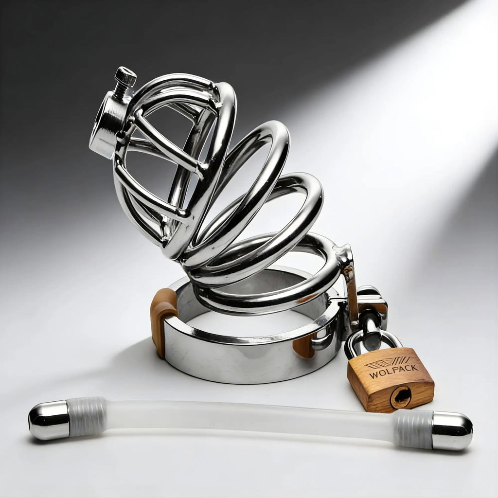 Master Series stainless steel chastity cage with spiral design, base ring, wooden padlock, and urethral insert.