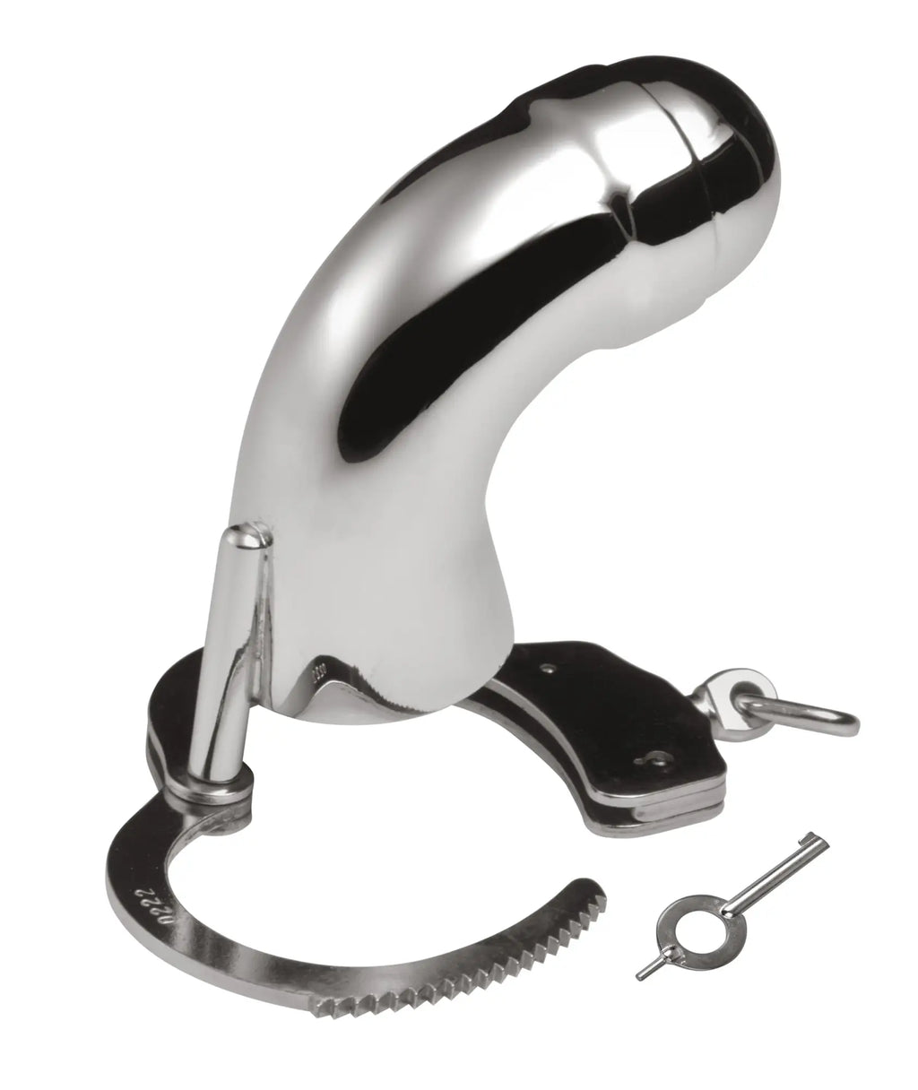 Shiny chrome Master Series stainless steel cock cage with a locking ring base and matching key, on a white background.