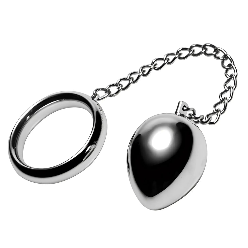 Master Series stainless steel cock ring and anal plug connected by a reflective silver metal chain.