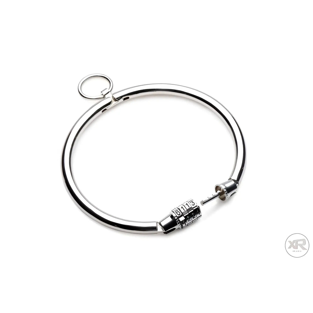 Master Series stainless steel silver collar with an O-ring and an open integrated combination lock.