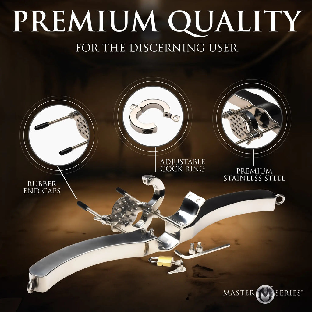 Master Series stainless steel humbler and ball crusher, featuring adjustable ring, rubber end caps, and included padlock.