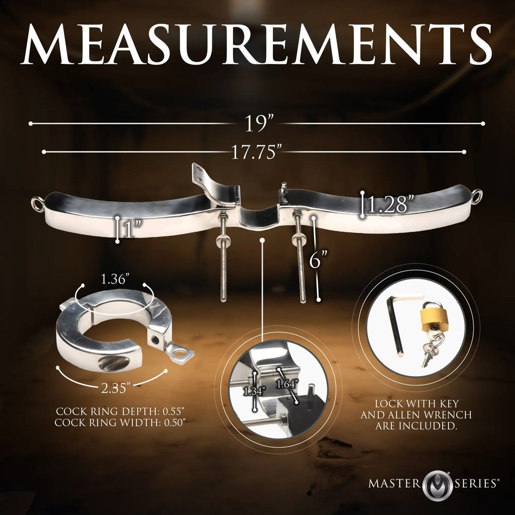 Master Series stainless steel humbler and ball crusher with labeled measurement diagrams, including a lock and key.