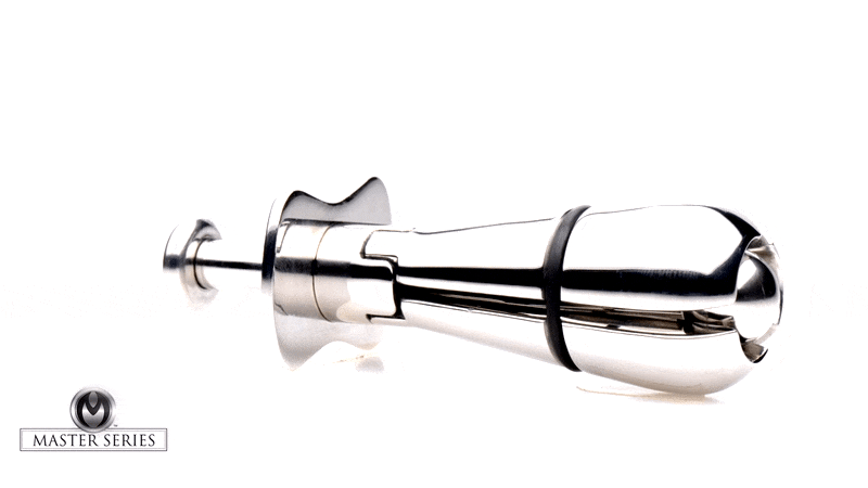 Master Series Stainless Steel Locking Anal Plug with a metallic, multi-segmented design and a black O-ring.