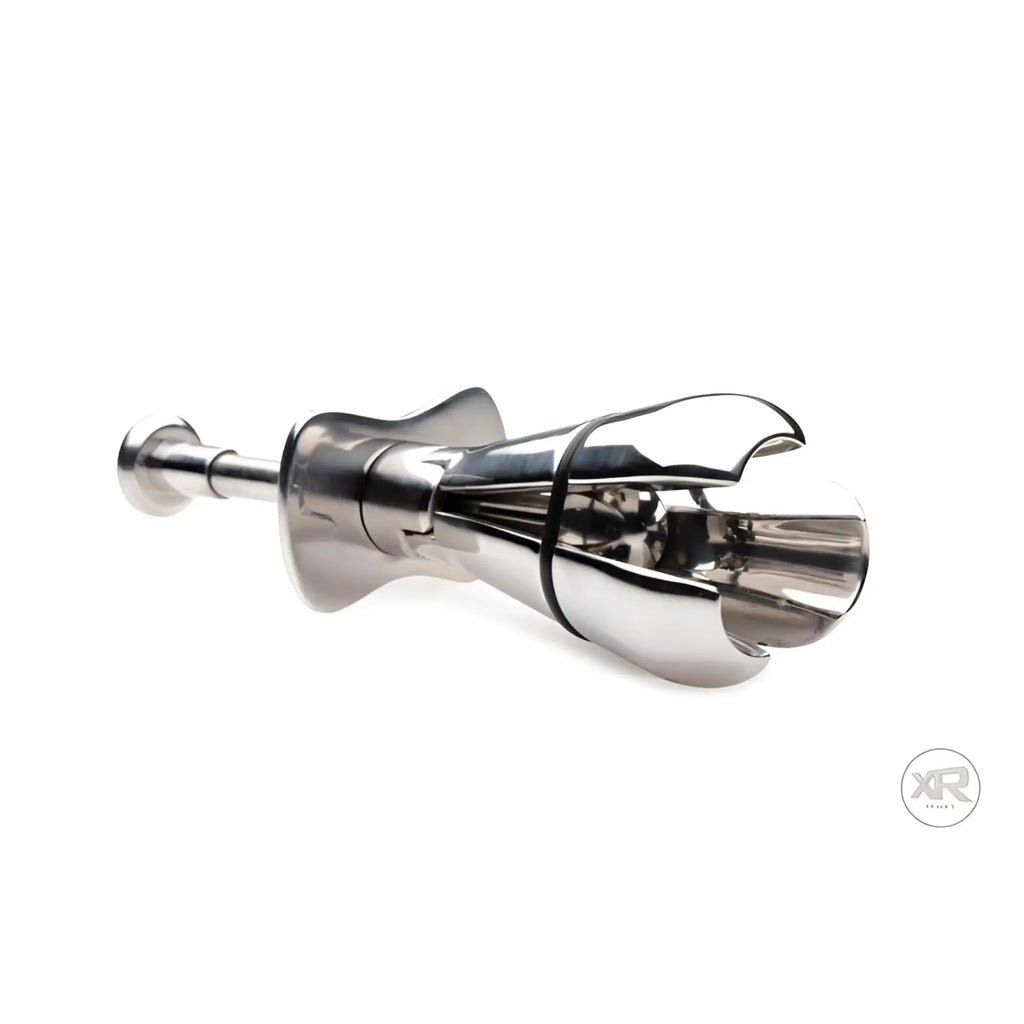 Master Series stainless steel locking anal plug, featuring an adjustable, multi-petal design with a black tension band.