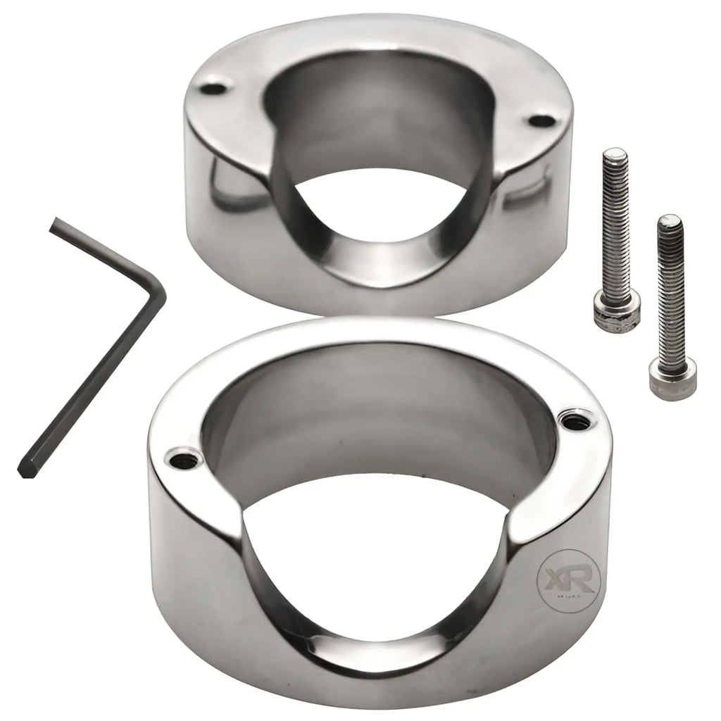 Master Series Stainless Steel Penis Trapper: two shiny metal ring halves, screws, and an Allen wrench on white.