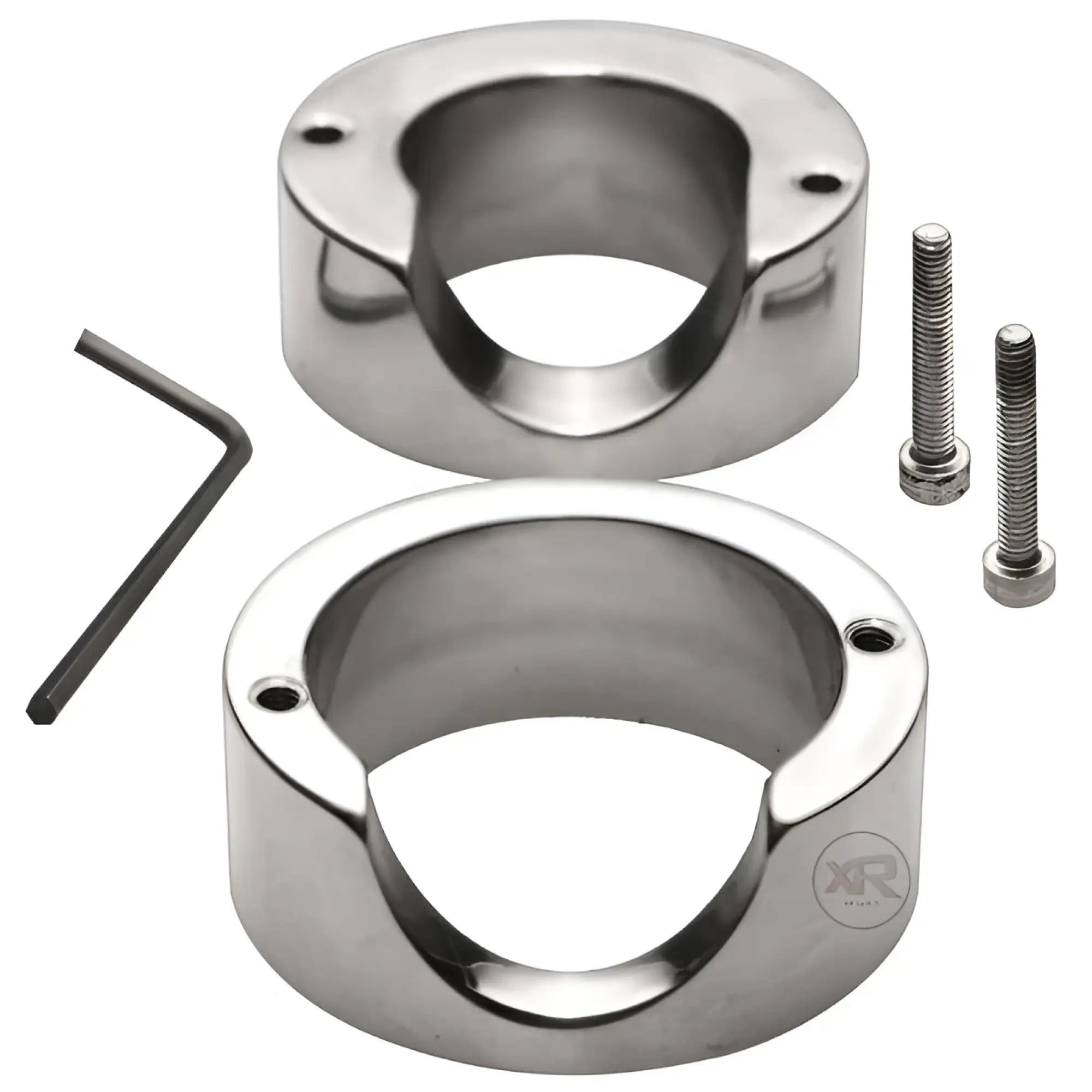 Master Series Stainless Steel Penis Trapper: two shiny metal ring halves, screws, and an Allen wrench on white.