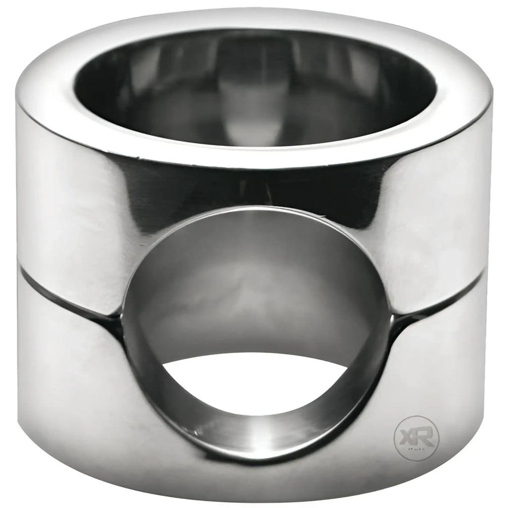 Master Series Stainless Steel Penis Trapper: a polished, silver-toned cylindrical metal ring with side cutouts.