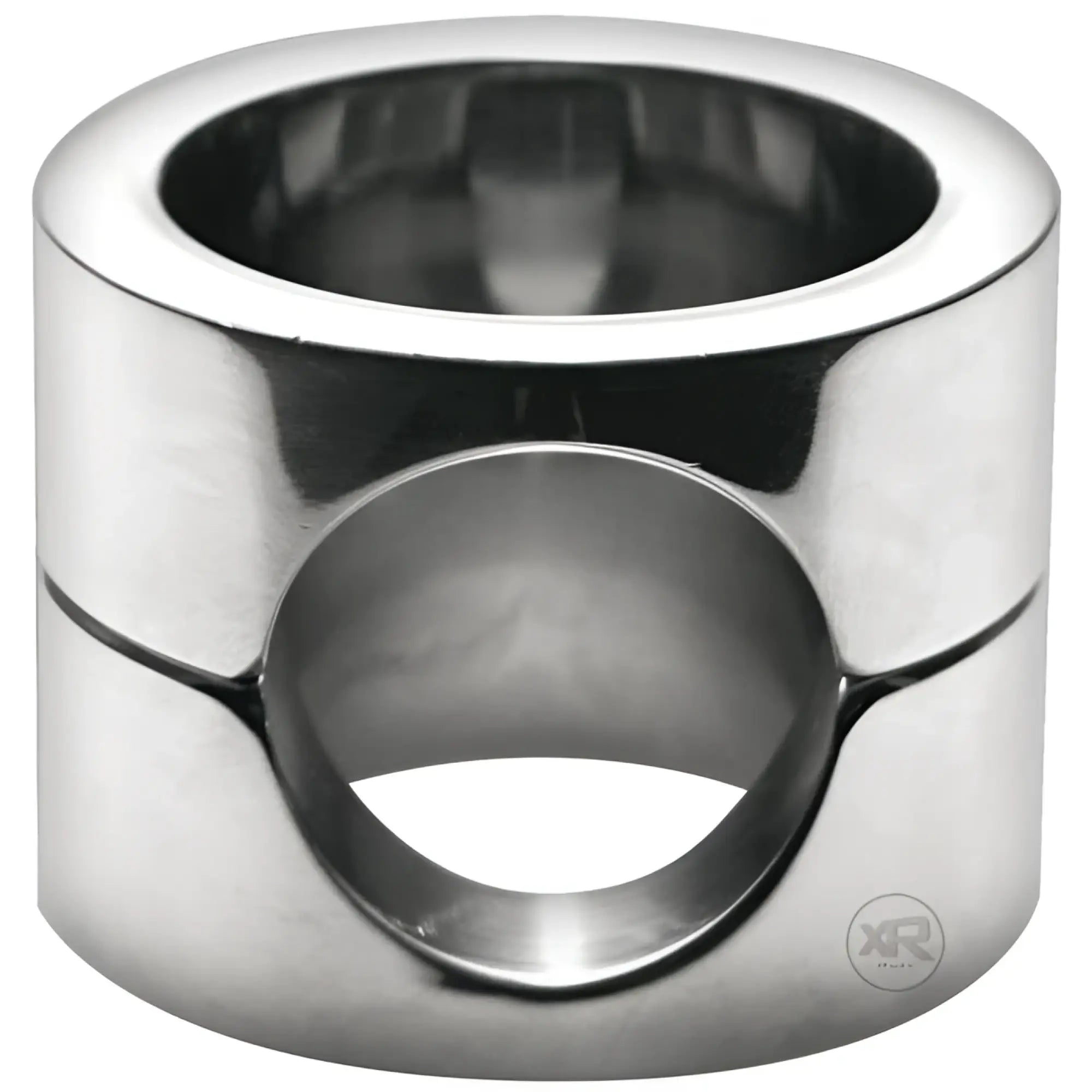 Master Series Stainless Steel Penis Trapper: a polished, silver-toned cylindrical metal ring with side cutouts.