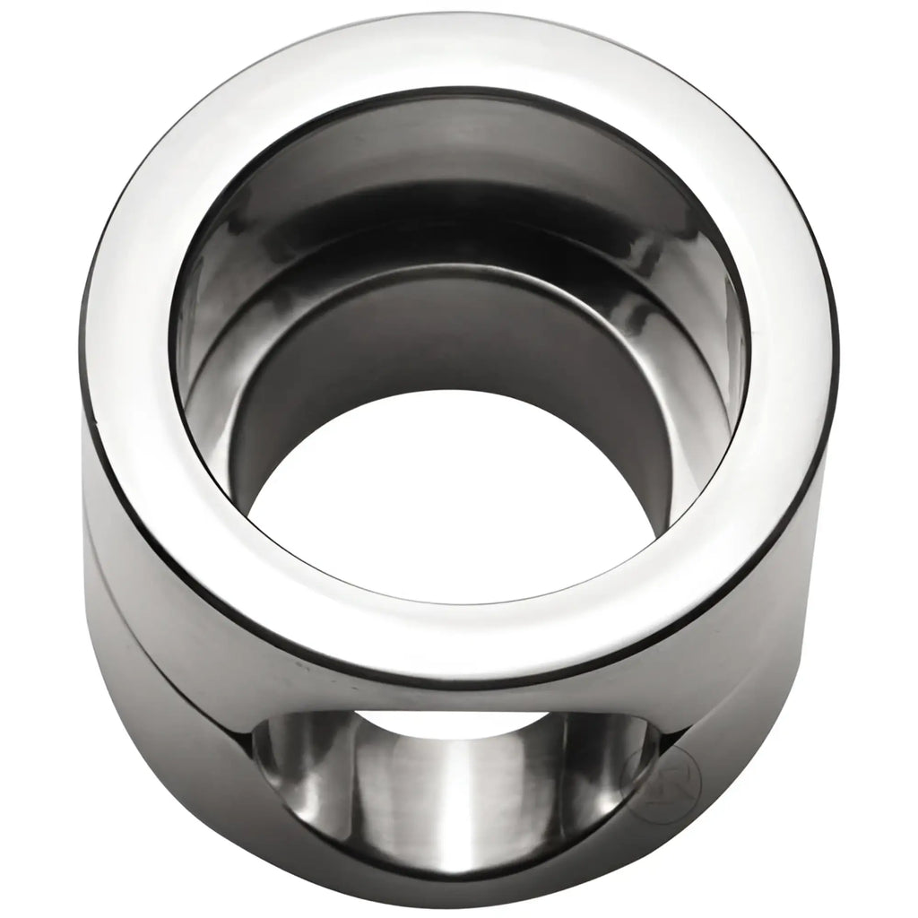 Master Series The Stainless Steel Penis Trapper: a polished, cylindrical silver metal ring with a side-cut opening.