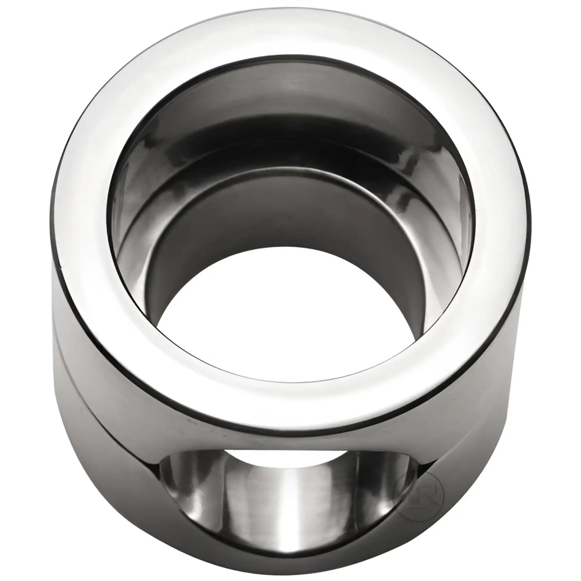 Master Series The Stainless Steel Penis Trapper: a polished, cylindrical silver metal ring with a side-cut opening.