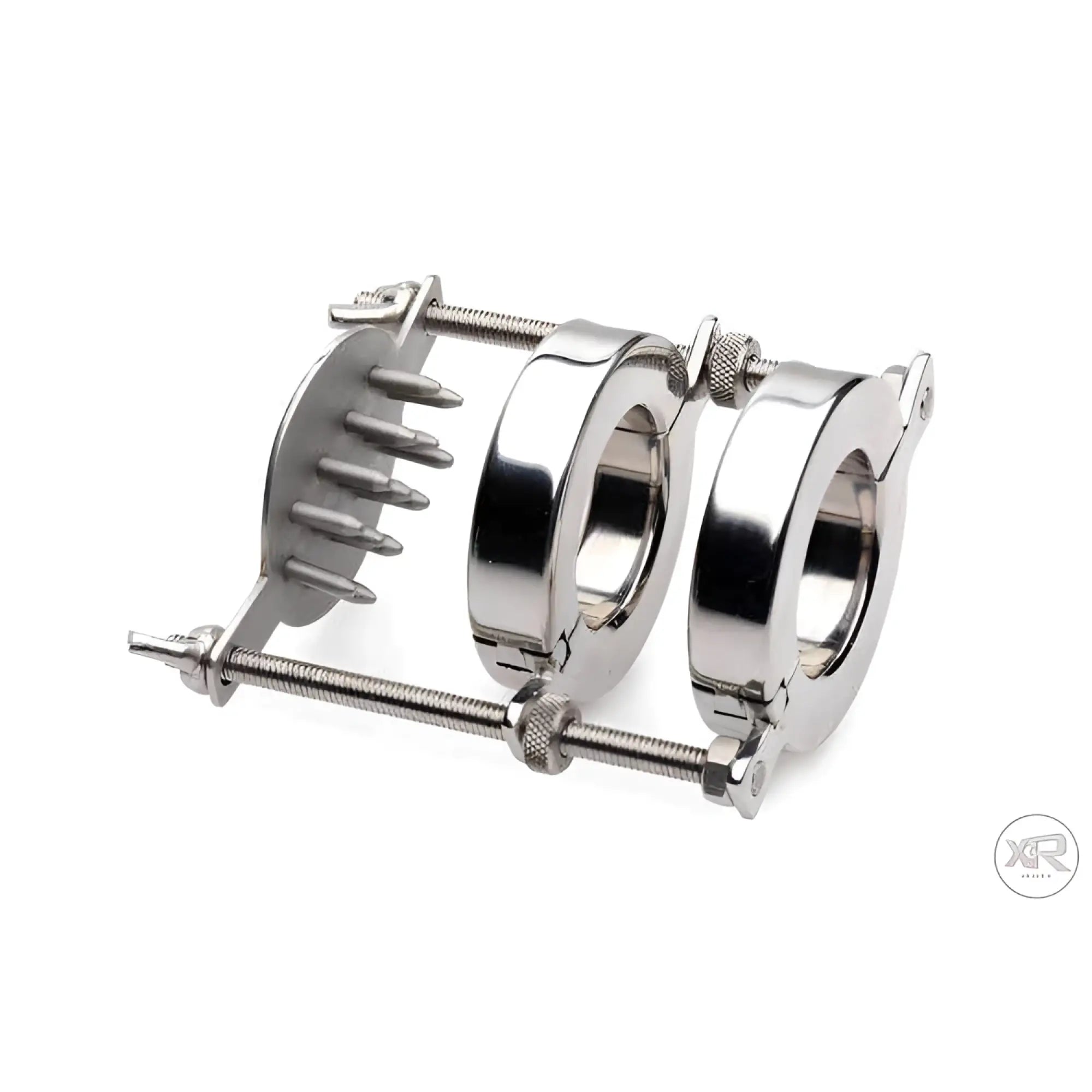 Master Series stainless steel ball stretcher with two ring clamps, an adjustable spiked plate, and screw hardware.