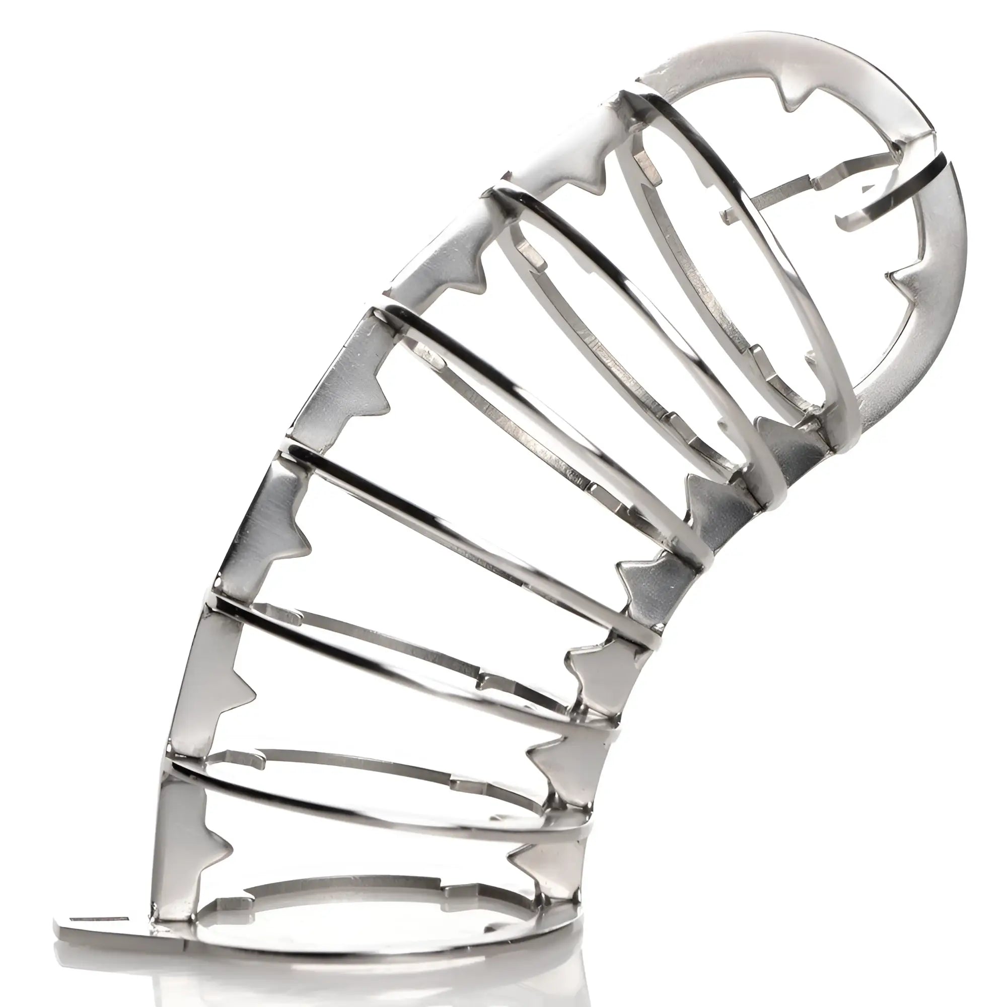 Master Series silver stainless steel spiked chastity cage with a curved, multi-ring design on a white background.