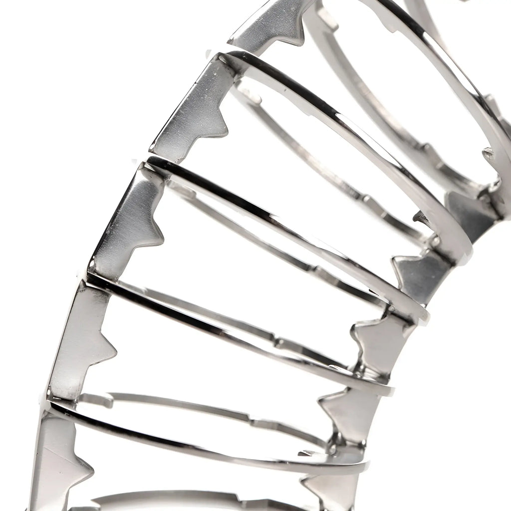 Master Series stainless steel spiked chastity cage features a silver metallic, cage-style design with pointed barbs.