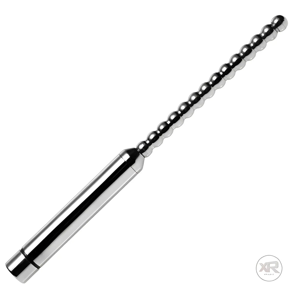 Master Series stainless steel vibrating urethral sound with a silver, beaded, tapered tip and smooth handle.