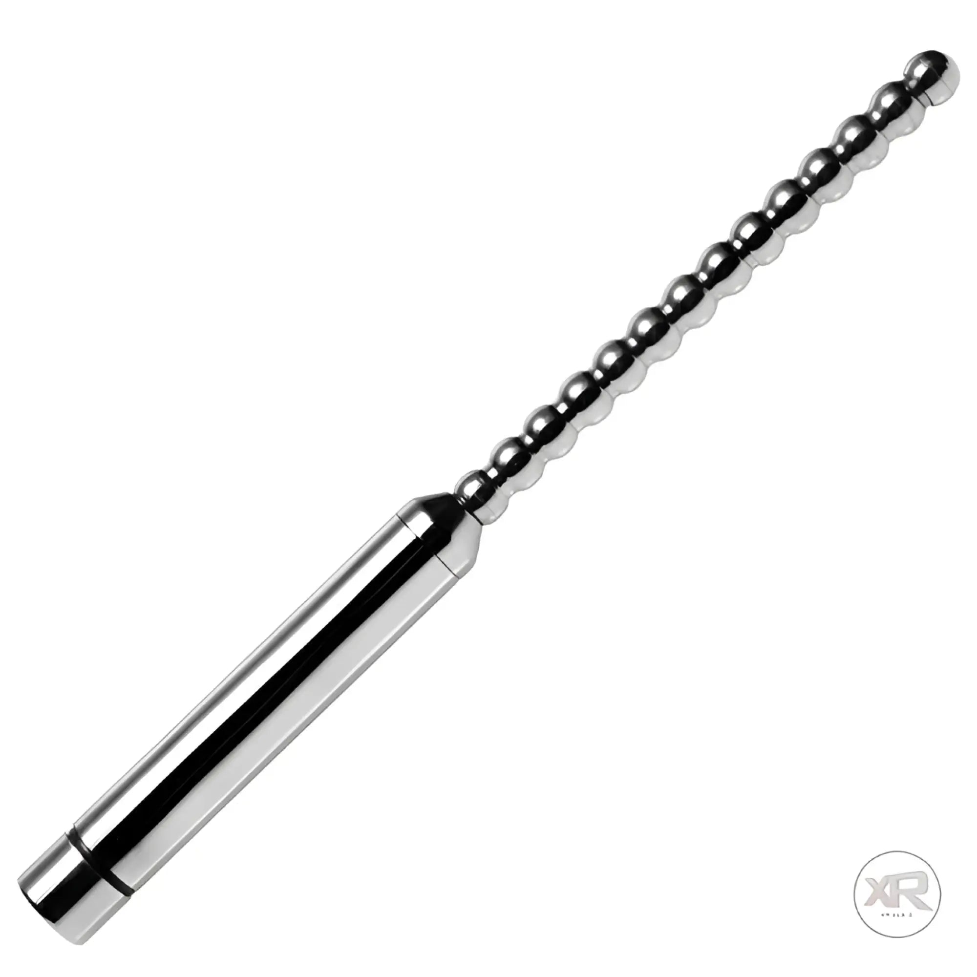 Master Series stainless steel vibrating urethral sound with a silver, beaded, tapered tip and smooth handle.