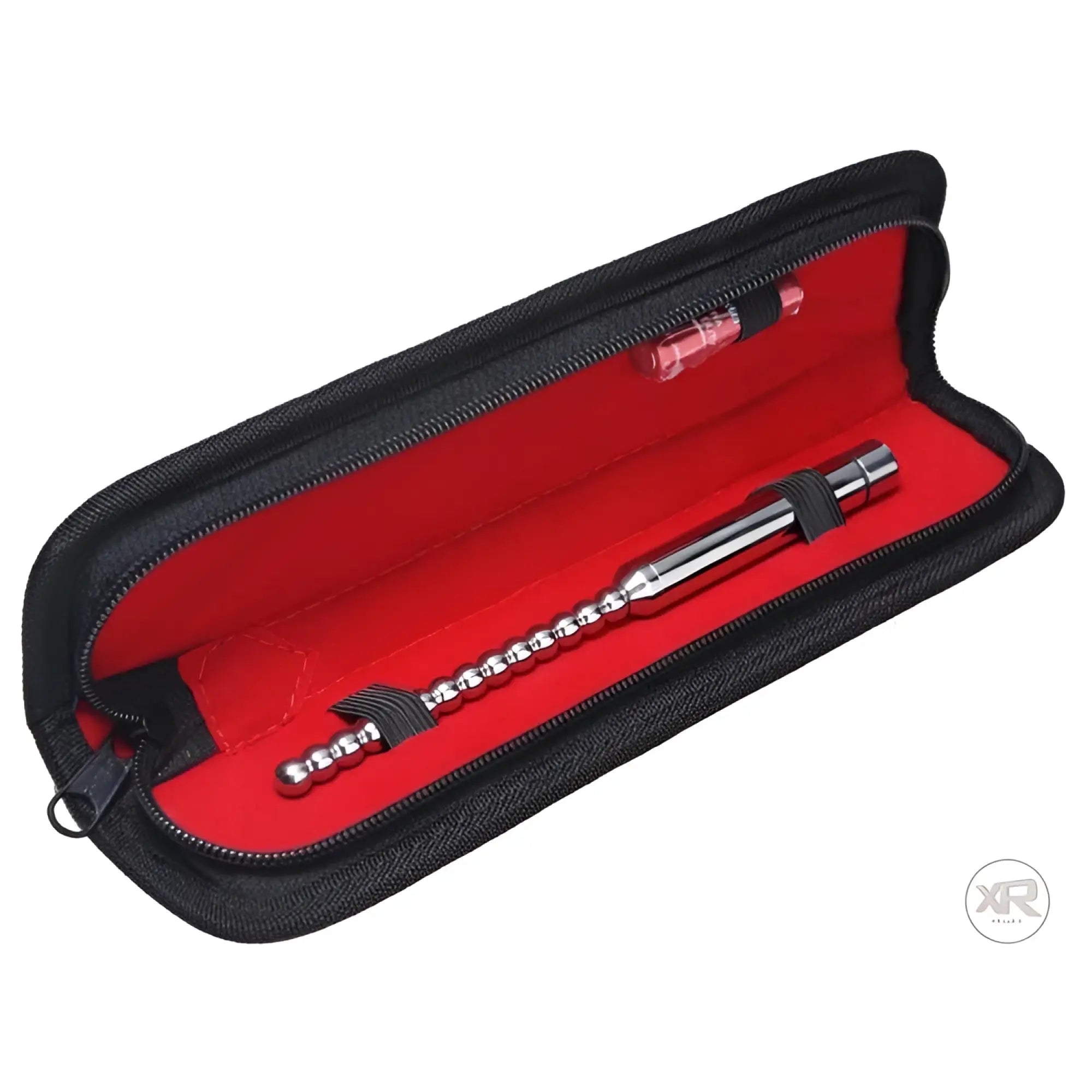 Master Series stainless steel beaded vibrating urethral sound inside a black zippered case with a vibrant red interior.