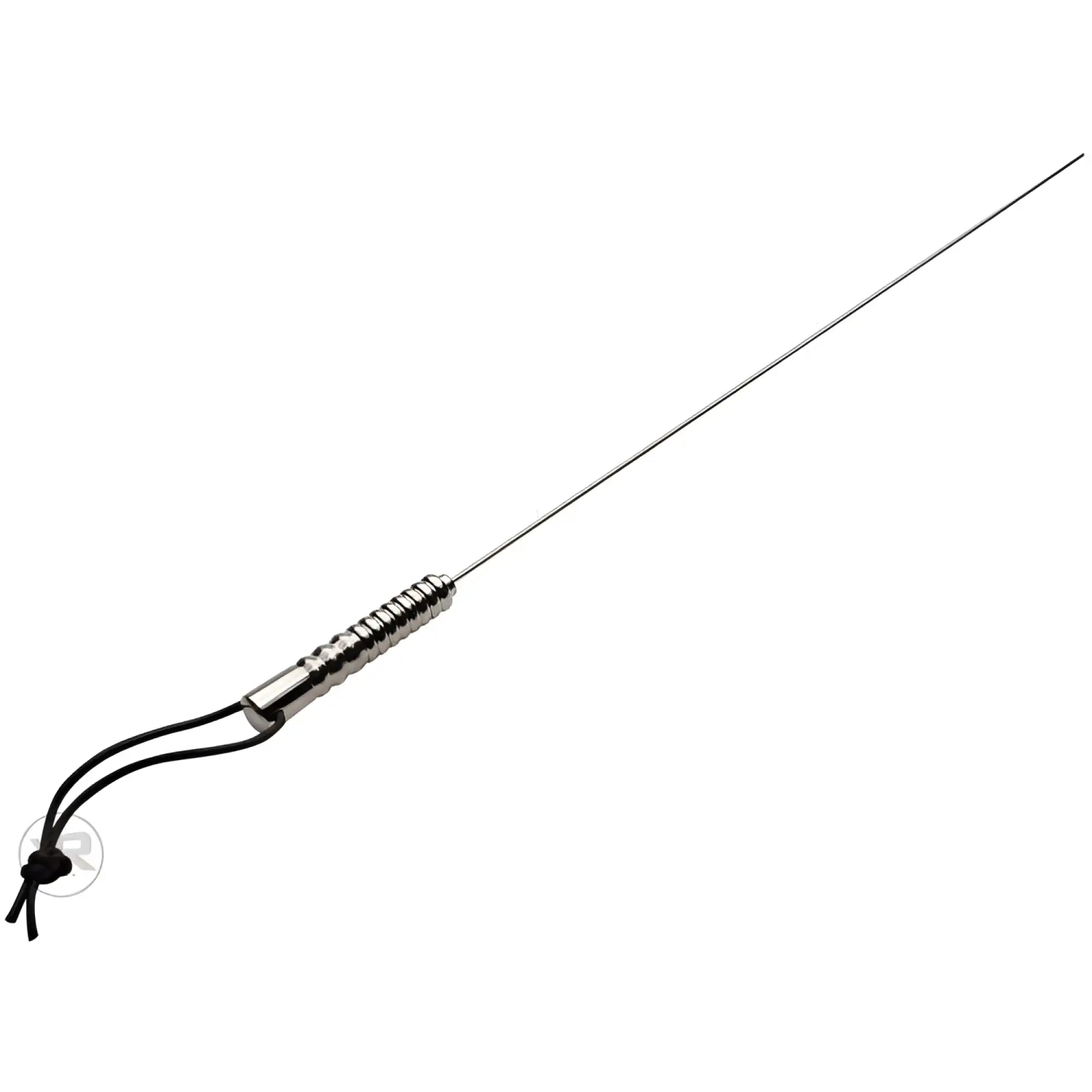 Master Series Stainless Steel Whipping Rod: A long, thin, silver metal rod with a grooved handle and black wrist cord.