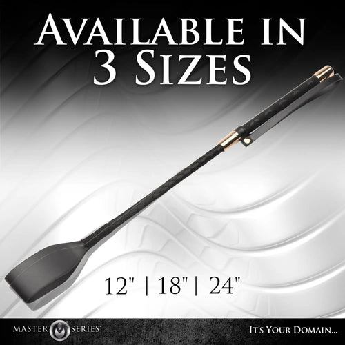 Master Series Stallion riding crop: a black braided whip with gold accents, shown in 12, 18, and 24-inch length options.