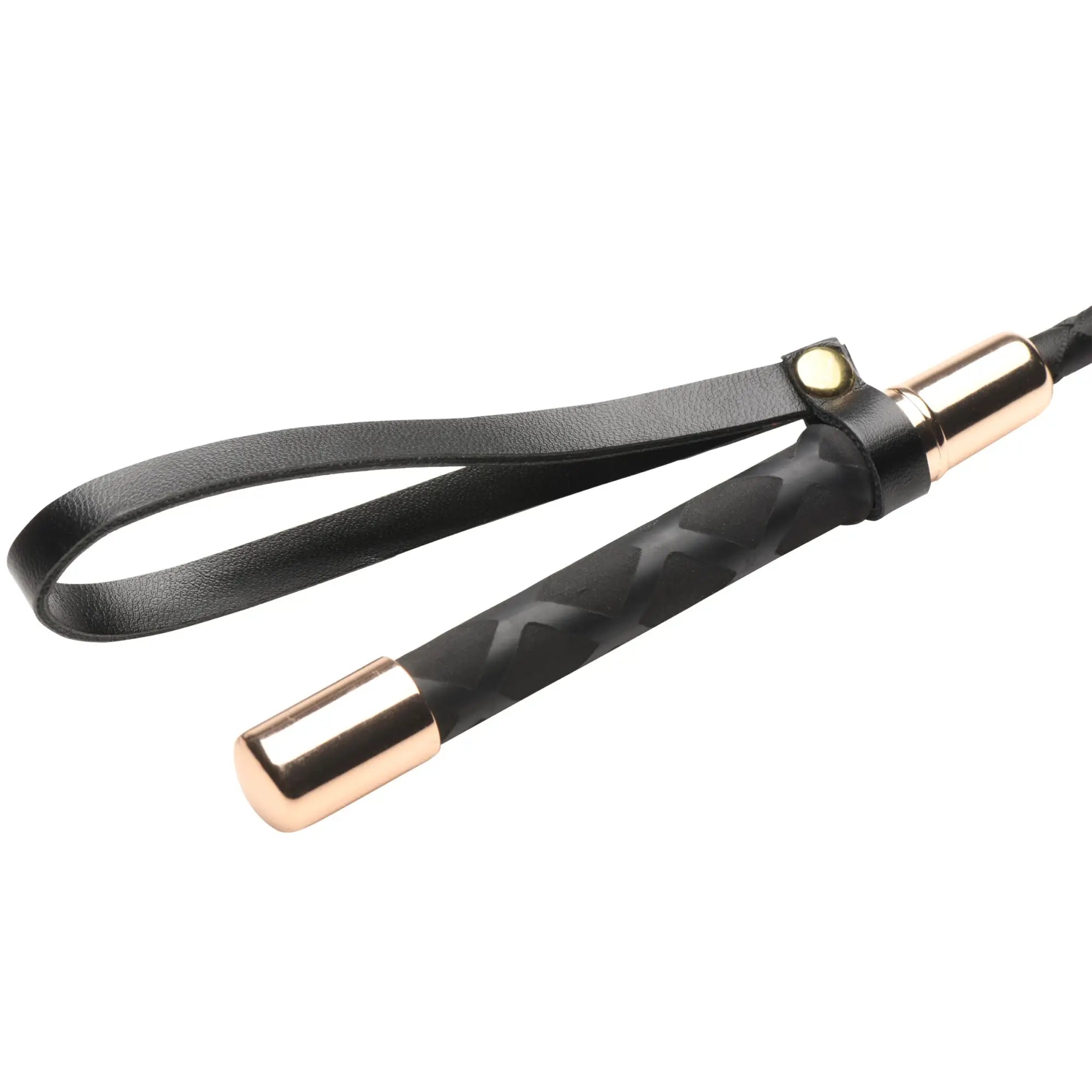 Master Series Stallion Riding Crop with black textured handle, rose gold accents, and a matching black leather wrist loop.
