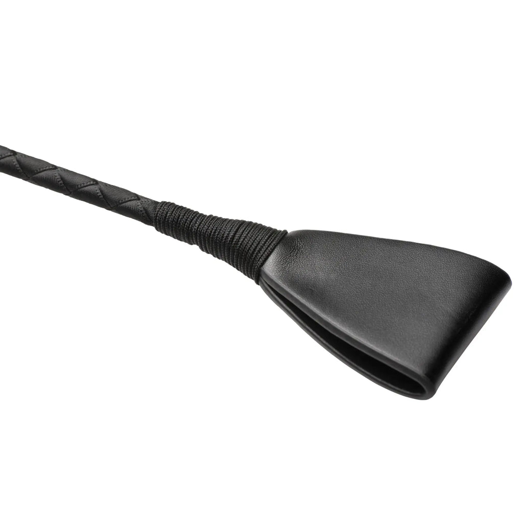 Master Series Stallion Riding Crop: A black, braided leather riding crop with a flat, folded leather end piece.