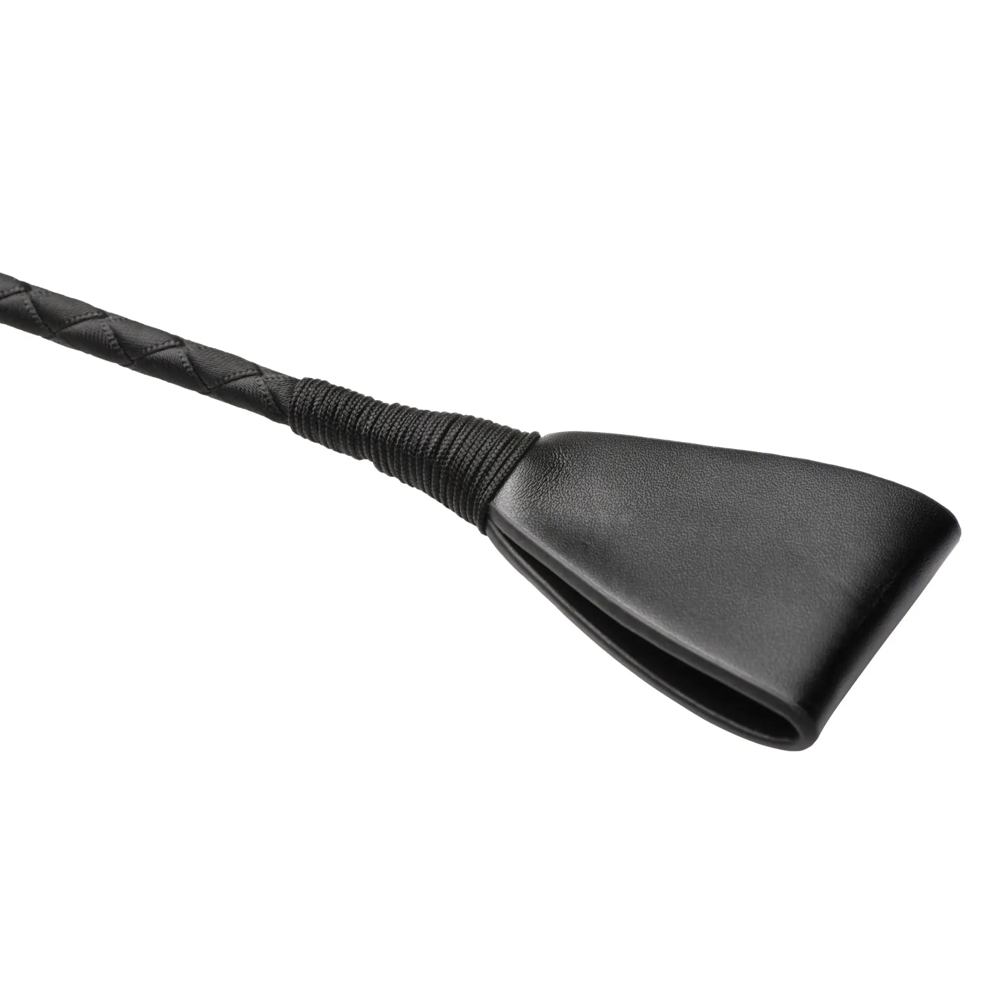 Master Series Stallion Riding Crop: A black, braided leather riding crop with a flat, folded leather end piece.