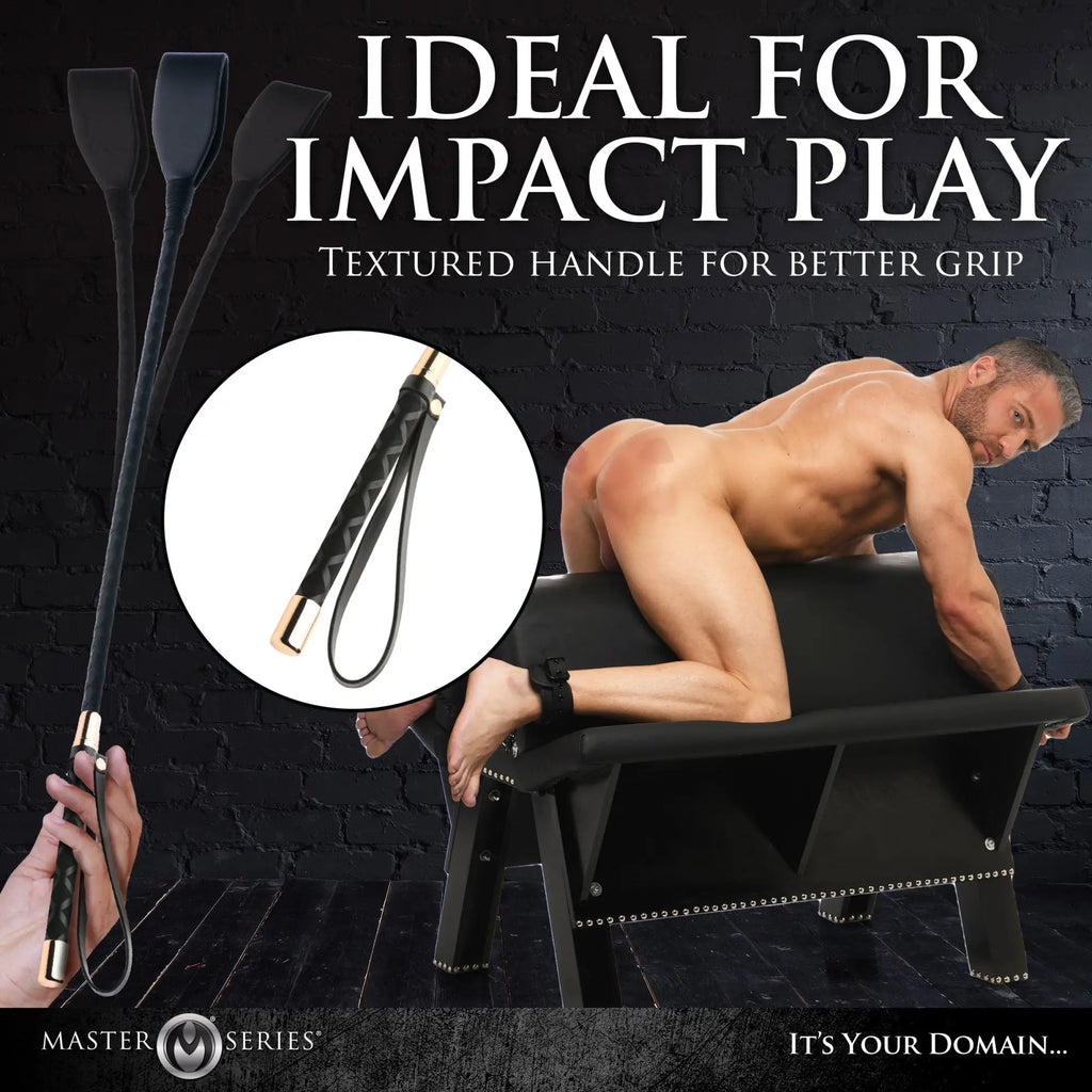 Master Series Stallion Riding Crop with black textured handle, gold accents, and wrist strap, shown in a lifestyle ad.