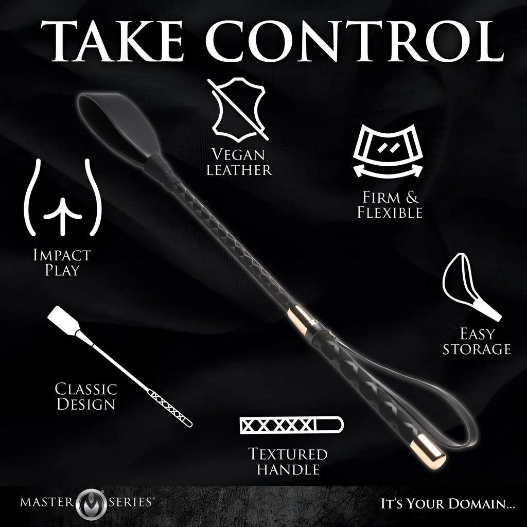 Master Series Stallion riding crop in black vegan leather with a braided shaft, textured handle, and gold-toned accents.