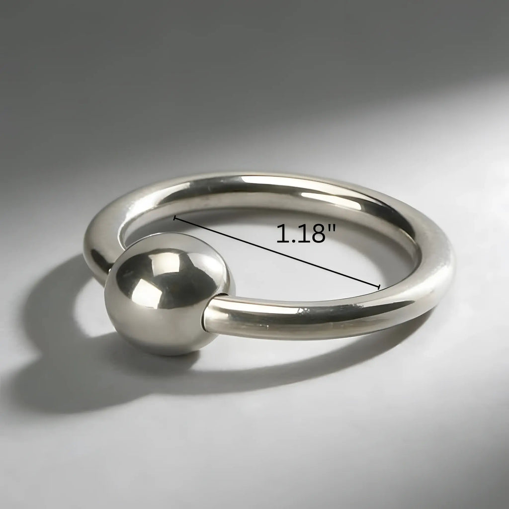 Master Series Steel Ball Head Ring: A polished silver captive bead ring with a 1.18-inch measurement indication.