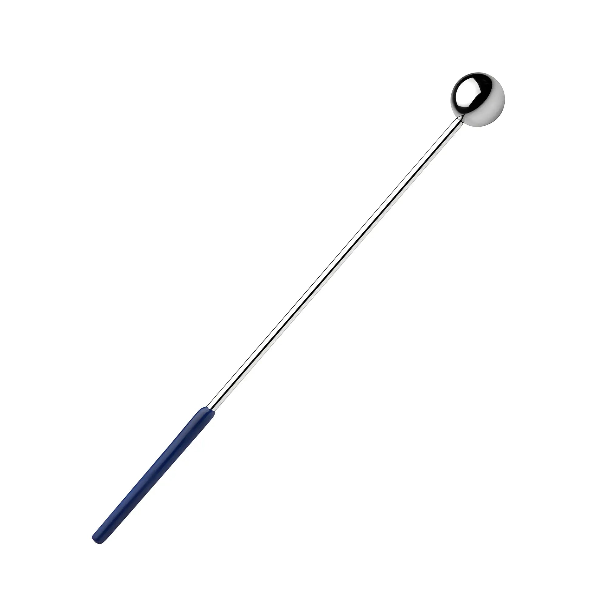 Master Series The Steel Lollipop Deep Wand features a long metal handle with a blue grip and a shiny silver ball top.