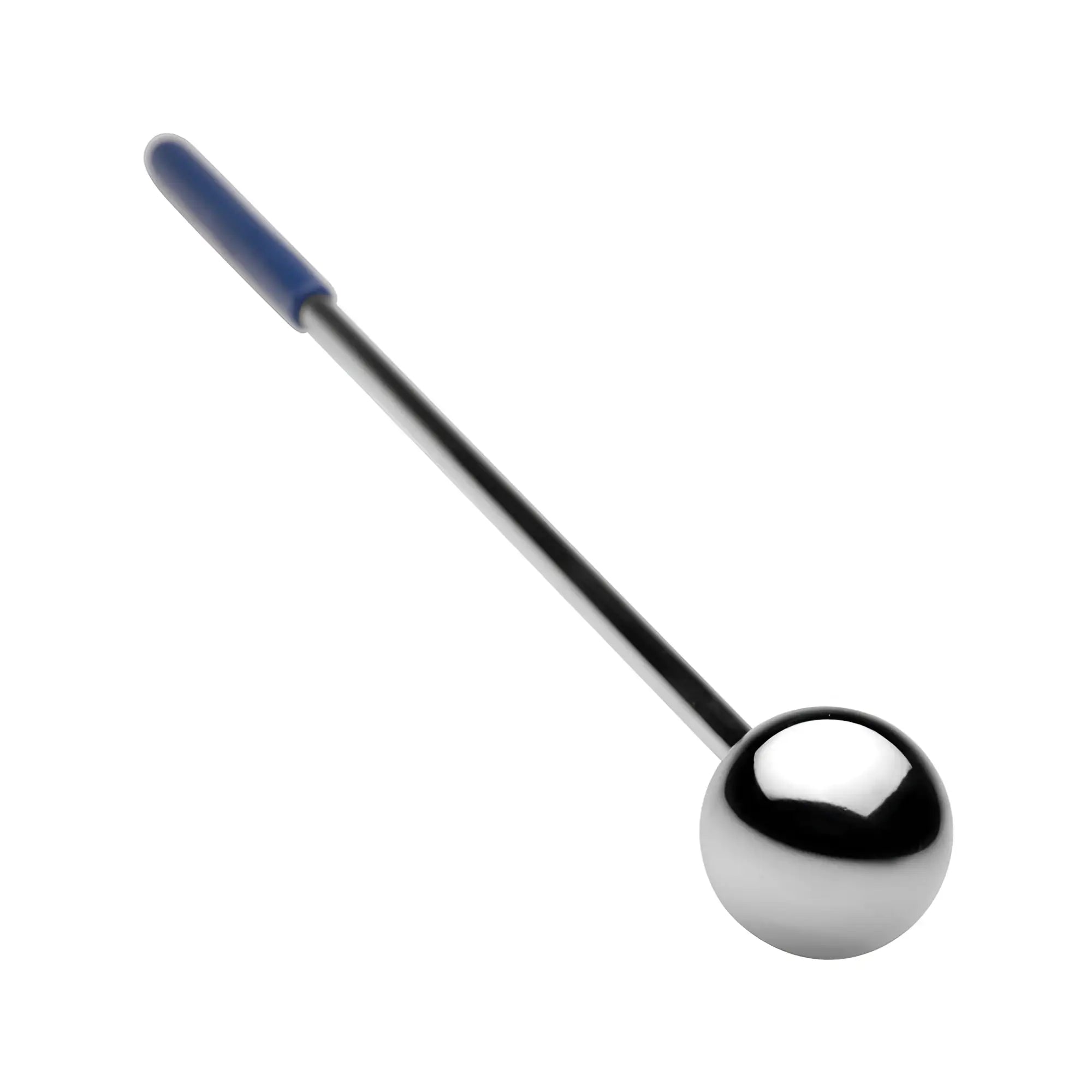 Master Series Steel Lollipop Deep Wand features a shiny chrome sphere on a long, thin rod with a blue silicone handle.