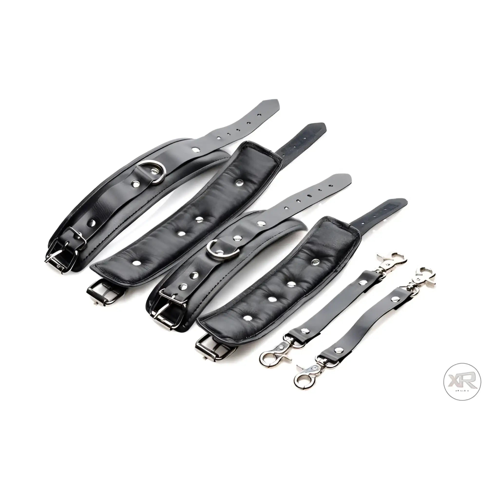 Master Series Strap Linked Bondage Cuffs: four black padded leather cuffs with metal hardware and two connecting straps.