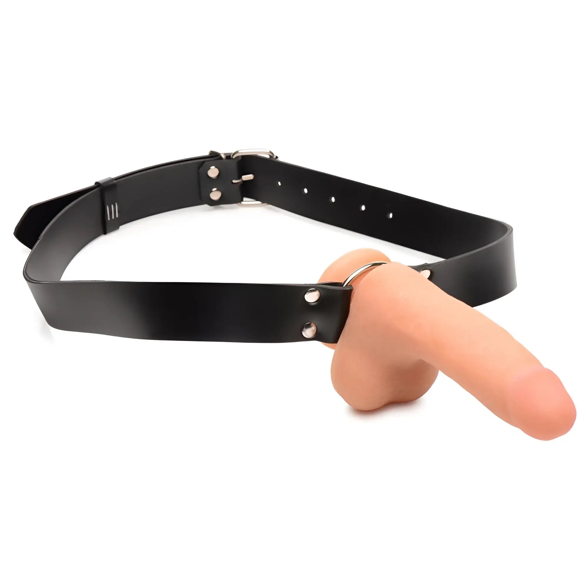Master Series Strap and Ride harness featuring a black leather belt with a beige, realistic-style silicone dildo.