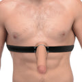 Master Series Strap and Ride dildo harness: A black leather belt holding a realistic, flesh-toned dildo.