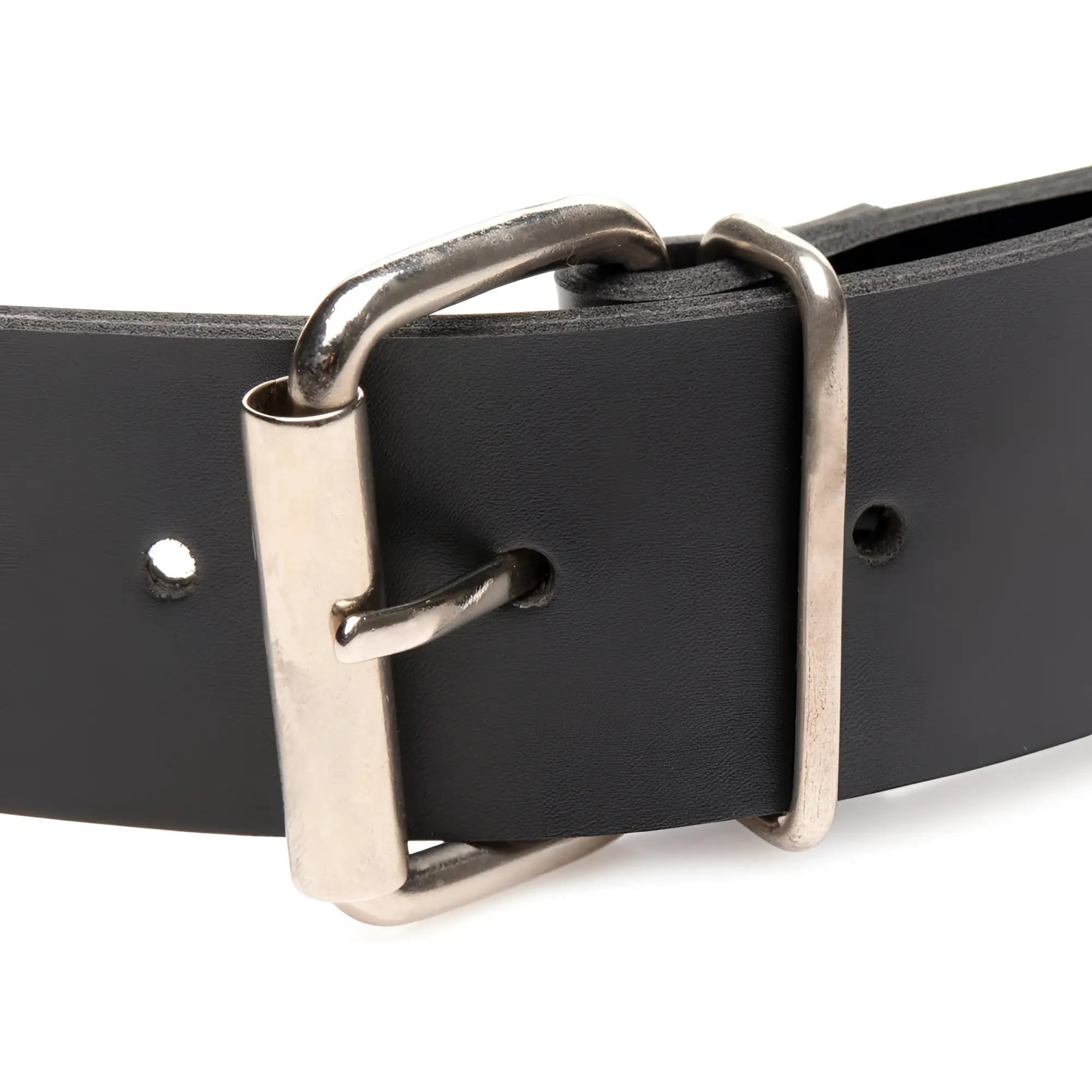 Master Series Strap and Ride dildo harness: a black leather belt with a silver metal buckle.