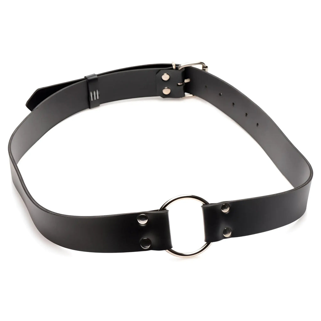 Master Series Strap and Ride black silicone harness belt with silver-tone hardware and center O-ring.