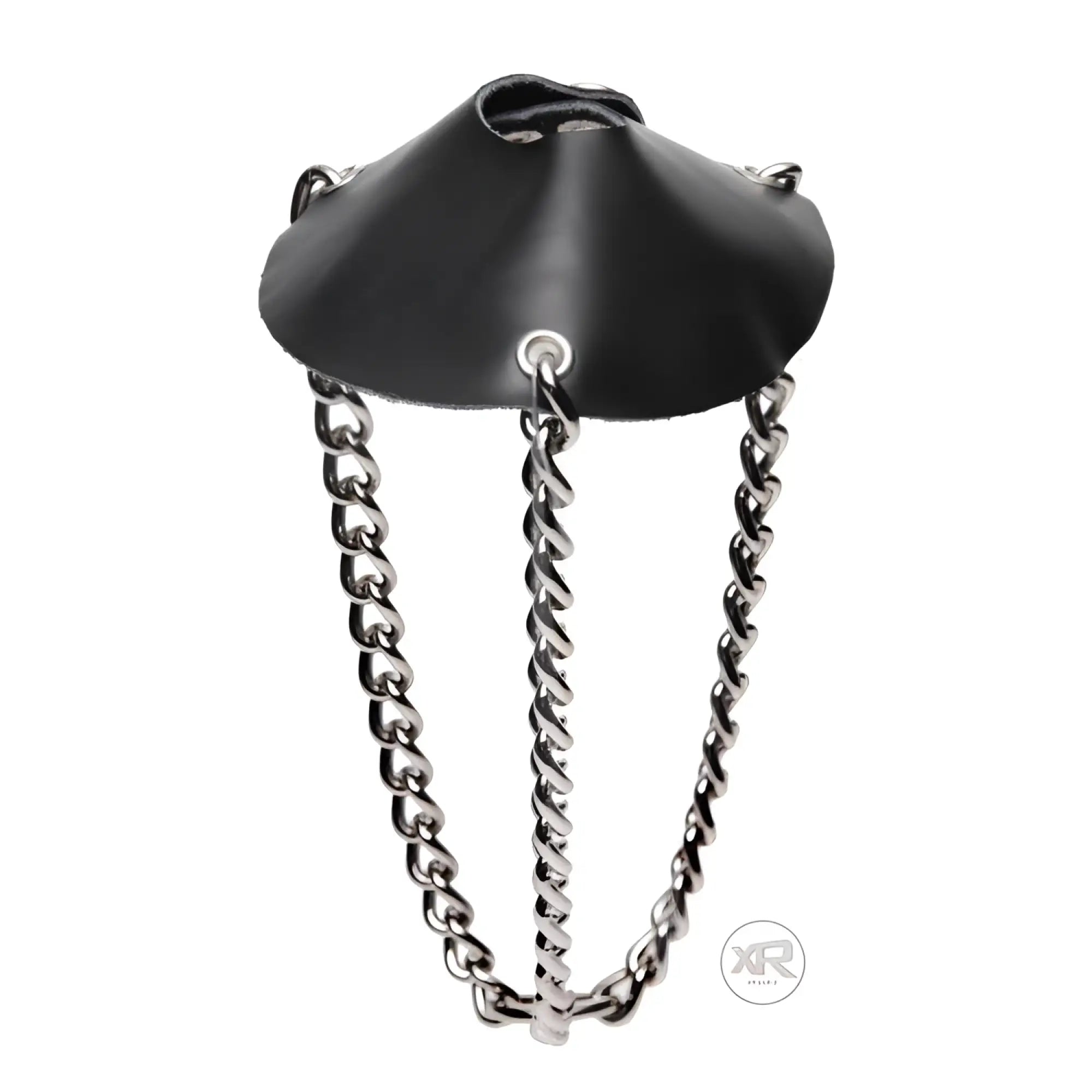 Master Series Strict Leather Parachute Ball Stretcher: black leather cone with three hanging silver-tone metal chains.