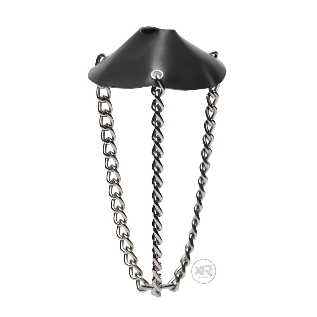 Master Series Strict Leather Parachute Ball Stretcher: black leather cone with three hanging silver metal chains.