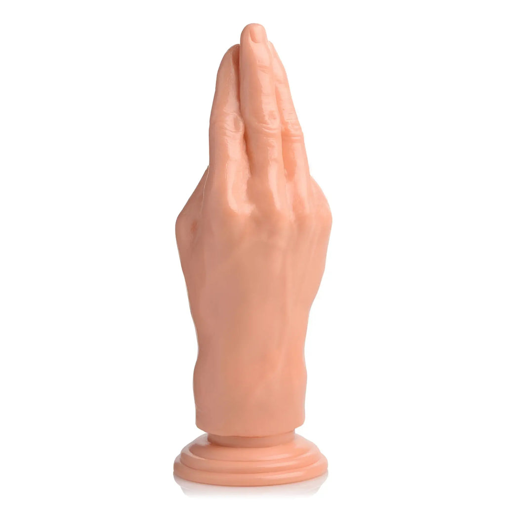Master Series The Stuffer: A light-toned, realistic fisting hand dildo with a wide base, shown against a white background.