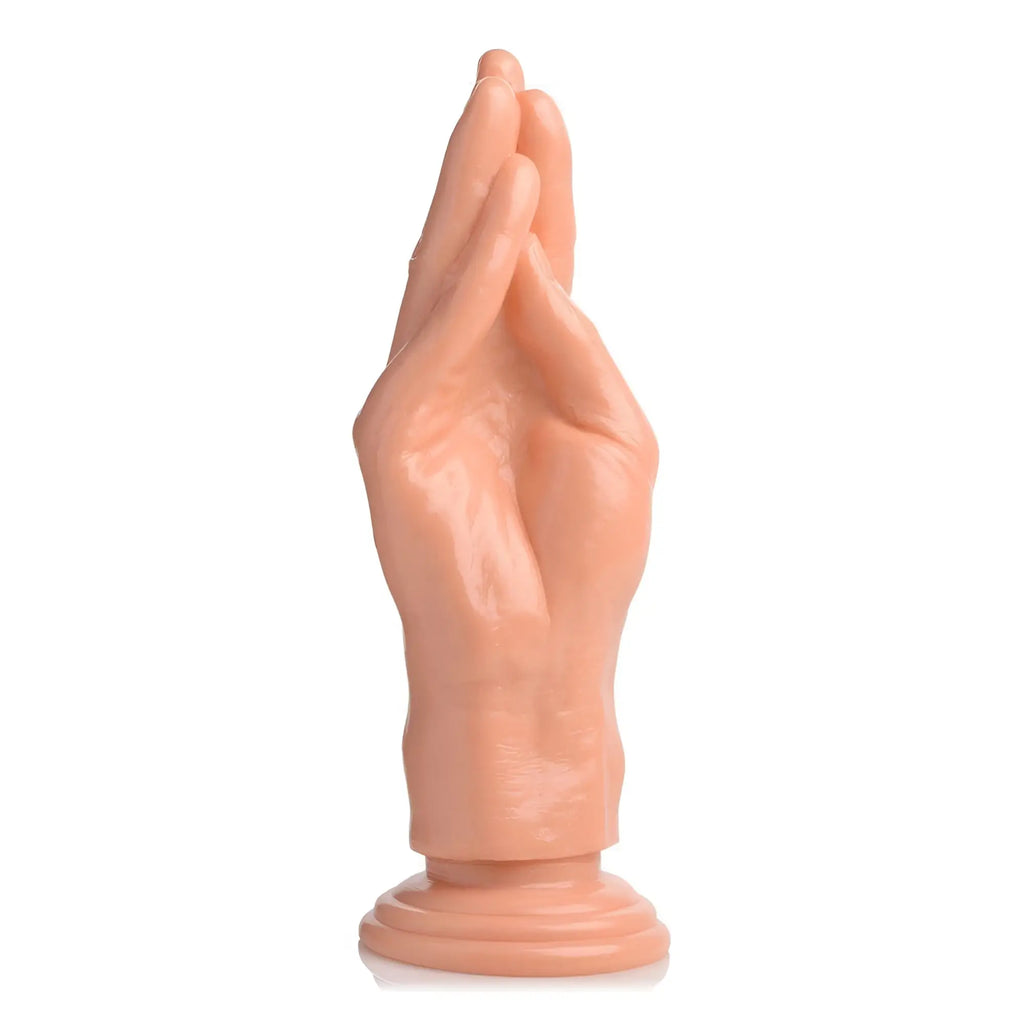 Master Series The Stuffer: A flesh-toned, hand-shaped dildo with fingers pointed upward on a circular base.
