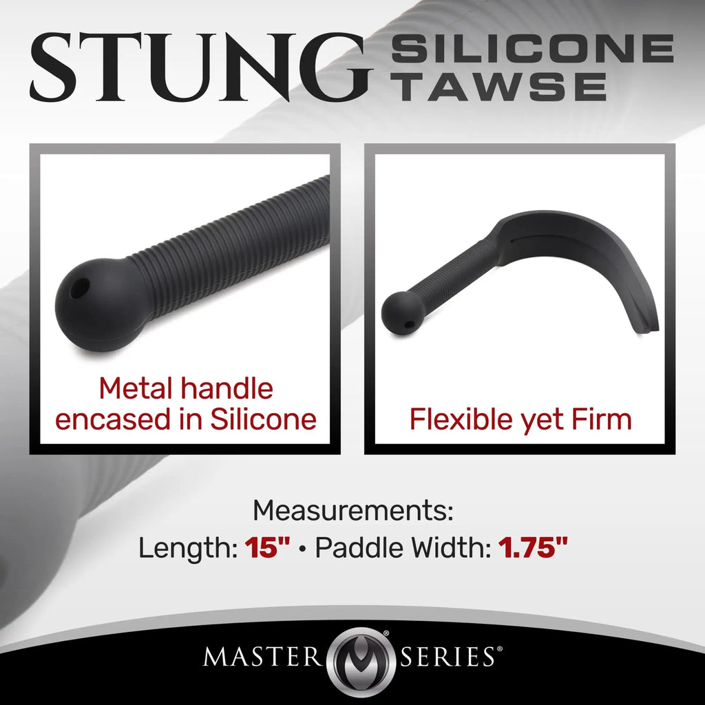 Master Series Stung Silicone Tawse in black featuring a flexible, firm paddle design with a ribbed handle.