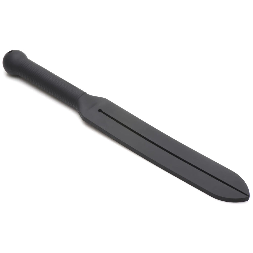 Black Master Series Stung Silicone Tawse with a textured handle and a long, flexible, slit paddle blade.