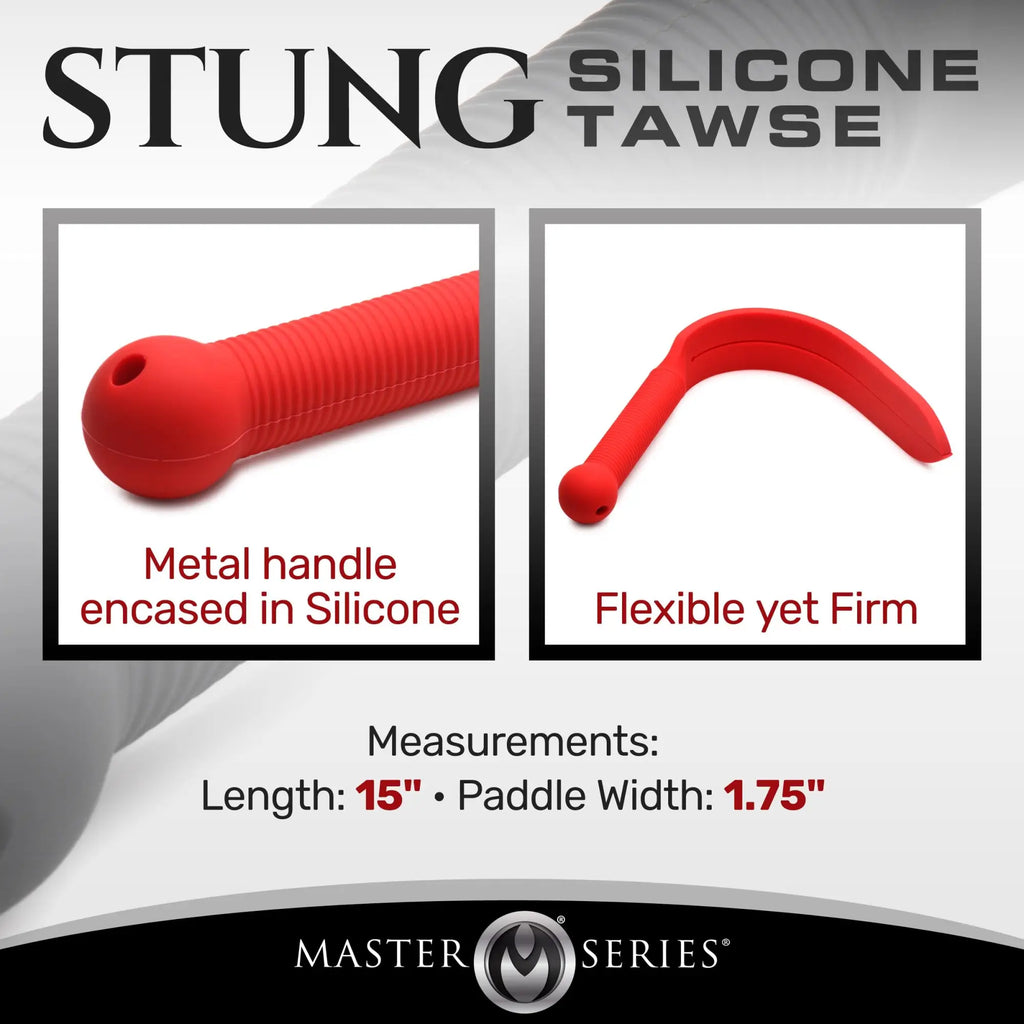 Master Series Stung Silicone Tawse: A bright red, 15-inch flexible silicone paddle with a ribbed metal-encased handle.
