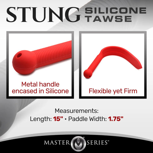 Master Series Stung Silicone Tawse: A bright red, 15-inch flexible silicone paddle with a ribbed metal-encased handle.