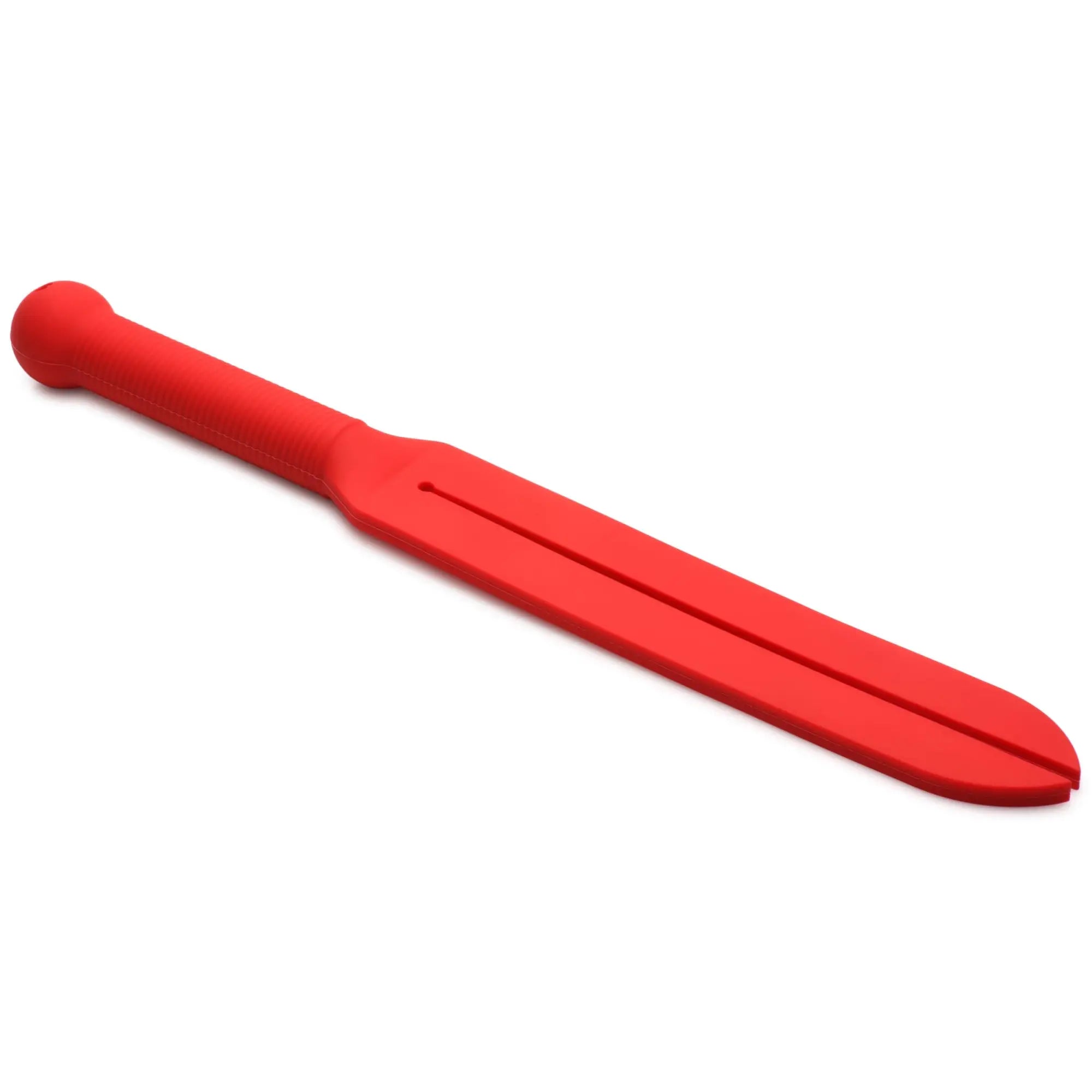 Master Series Stung Silicone Tawse in vibrant red, featuring a textured handle and a long, split-blade design.