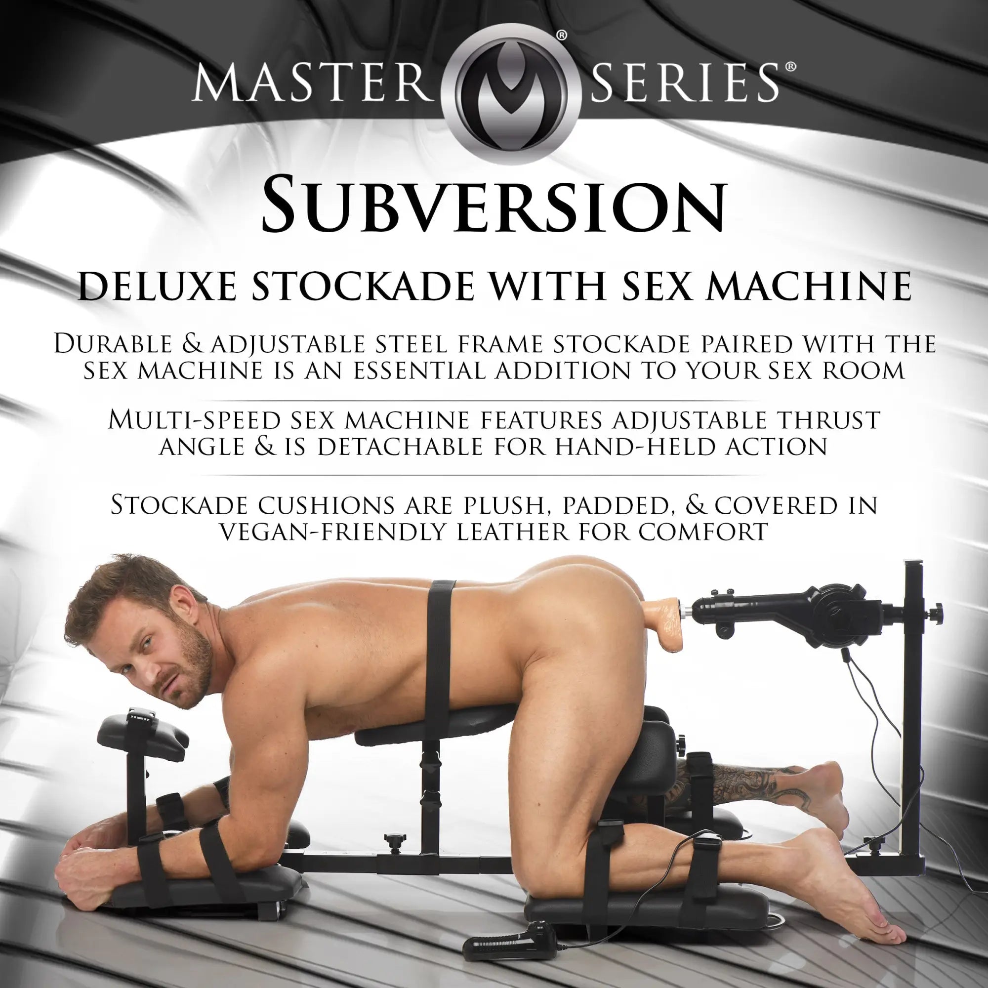 Master Series Subversion black steel stockade with an integrated, adjustable sex machine, featuring plush cushions.