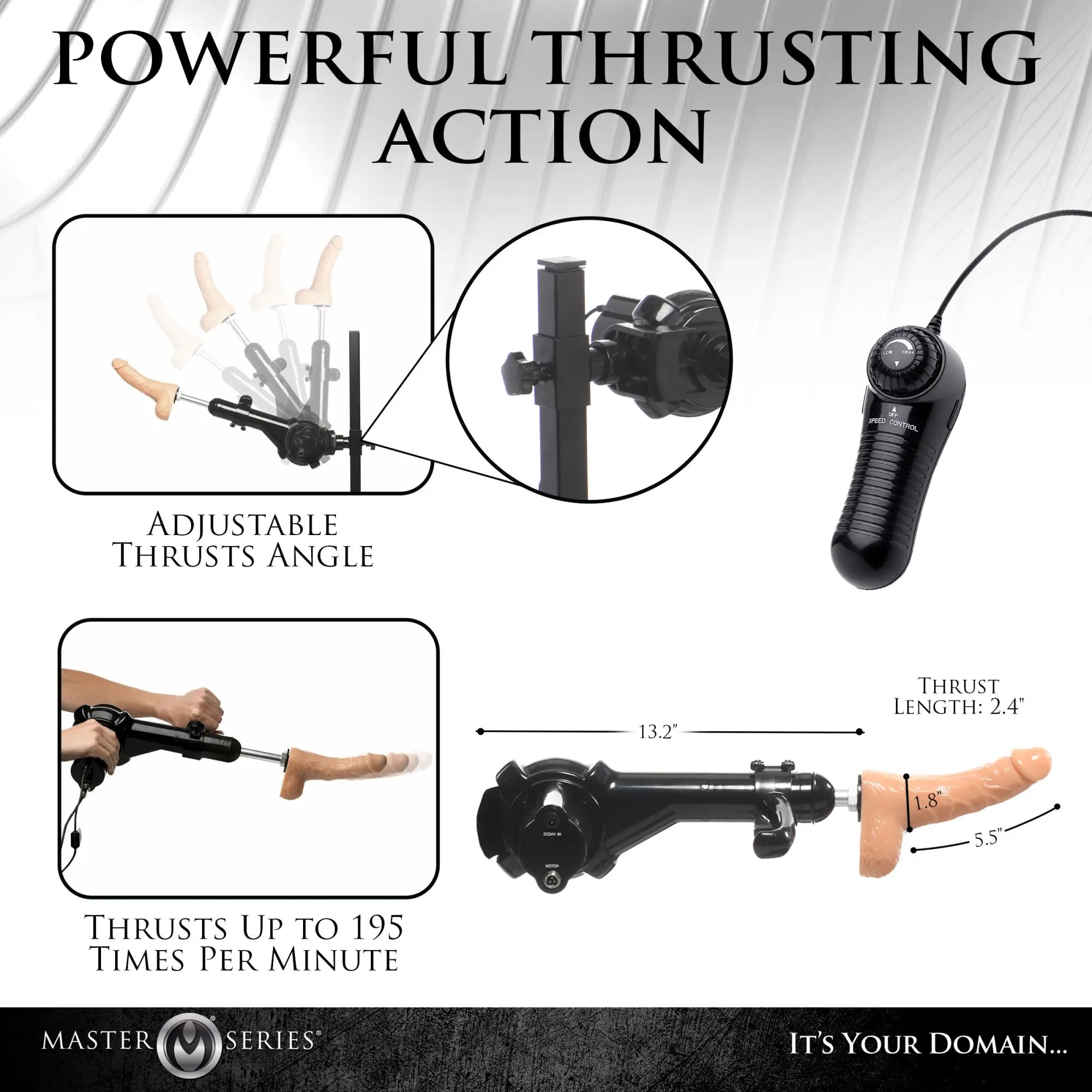 Master Series Subversion Deluxe machine featuring an adjustable black frame, thrusting mechanism, and a textured dildo.
