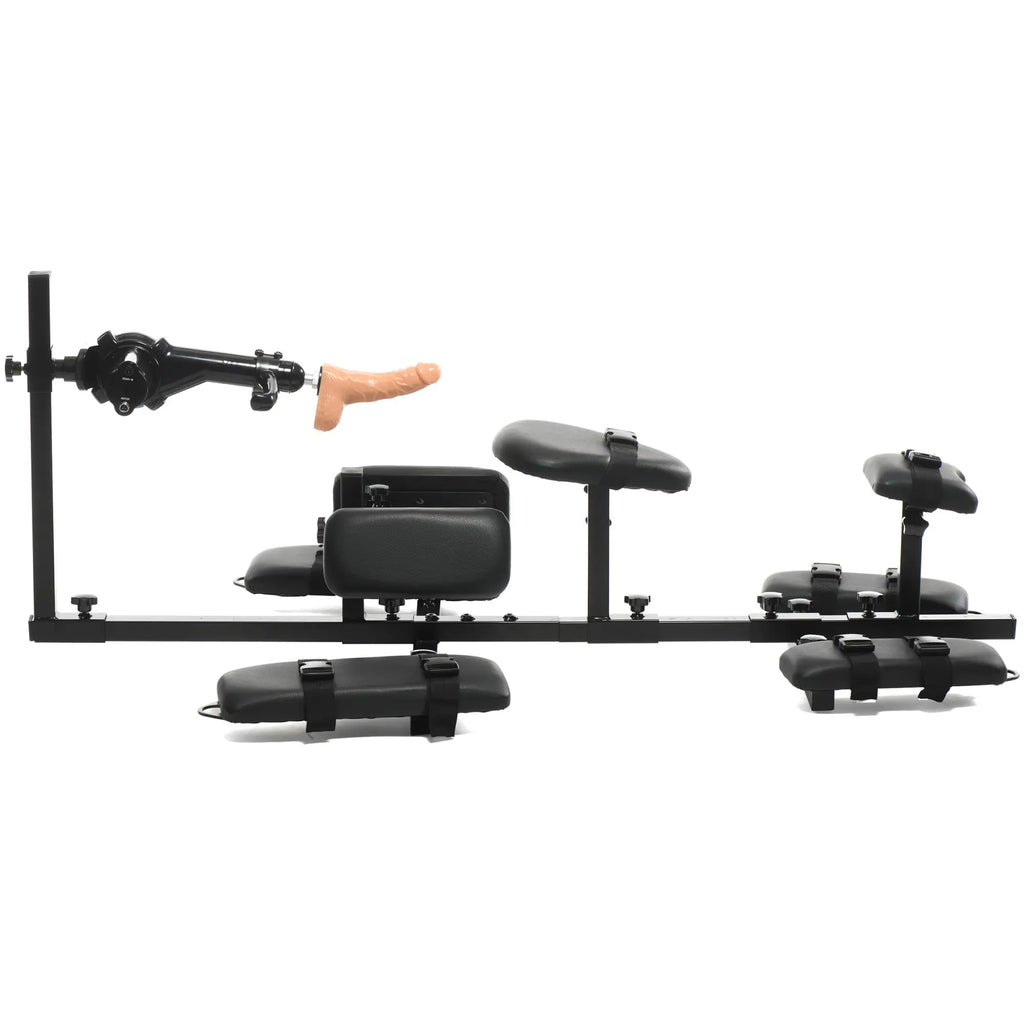 Master Series Subversion Deluxe Stockade with integrated black sex machine, featuring multiple adjustable padded rests.